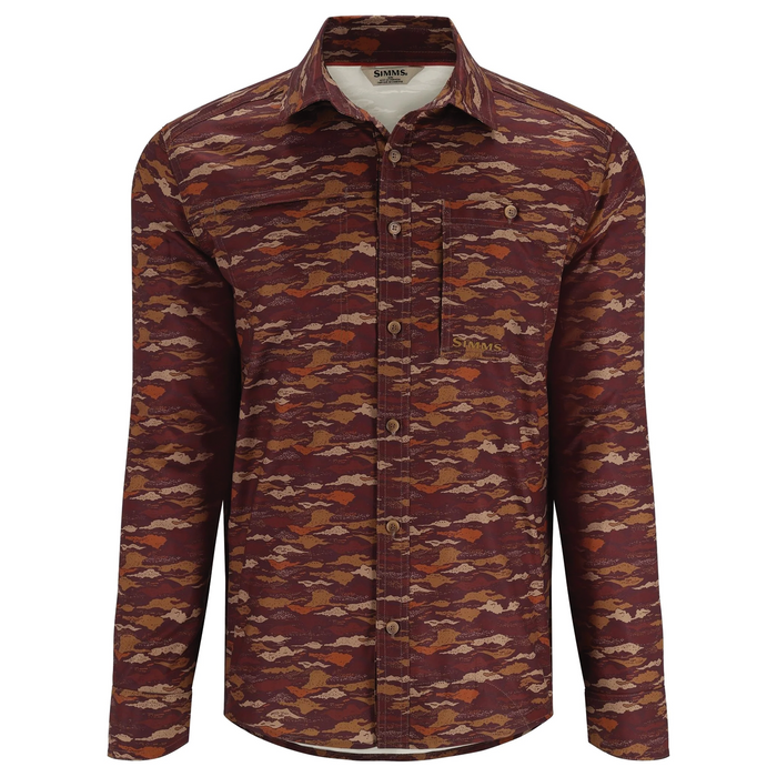 Simms Challenger LS Shirt - Men's features long sleeves, a button-up front, chest pocket with button, and a brown and orange camo pattern designed for outdoor fishing activities.