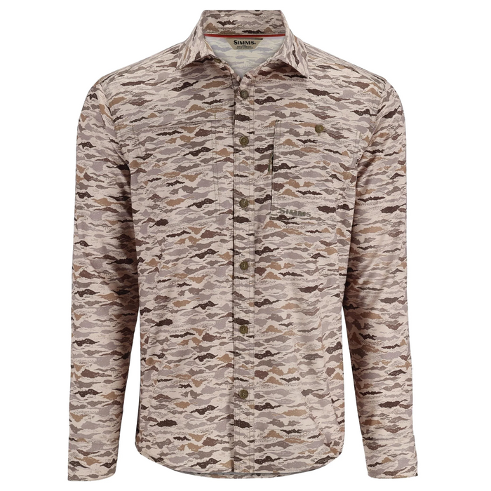 Simms Challenger LS Shirt - Men's in a beige and brown camo pattern, featuring a button-down front, long sleeves, and a chest pocket with subtle branding, designed for fishing enthusiasts.