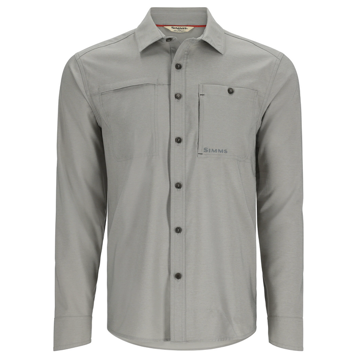 Simms Challenger LS Shirt - Men's in light gray with long sleeves, button-down front, two chest pockets, and subtle branded logo on the left pocket designed for fishing and outdoor activities.
