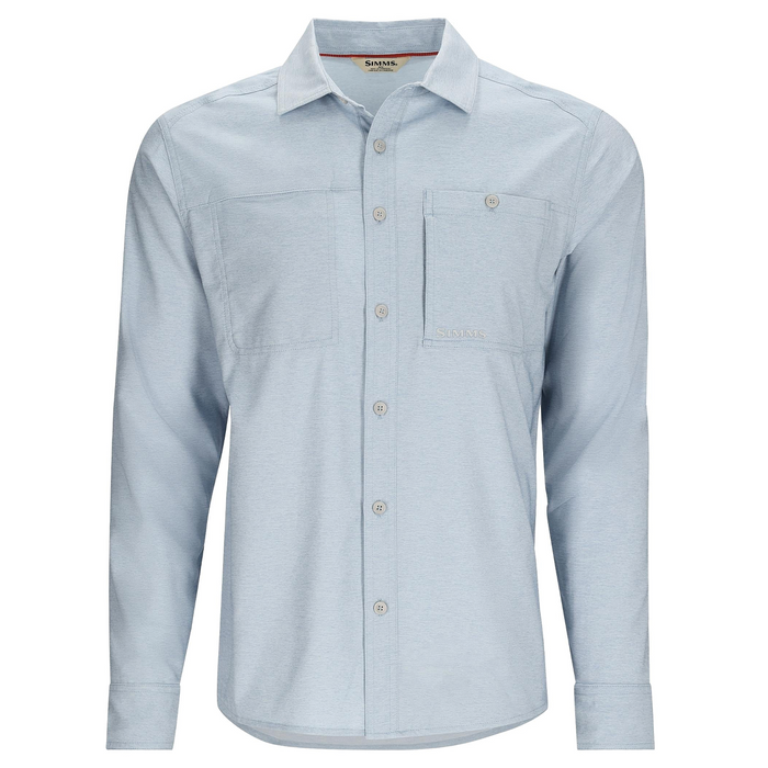 Simms Challenger LS Shirt - Men's in light blue with long sleeves, button front, two chest pockets including one with button flap, designed for fishing and outdoor activities.