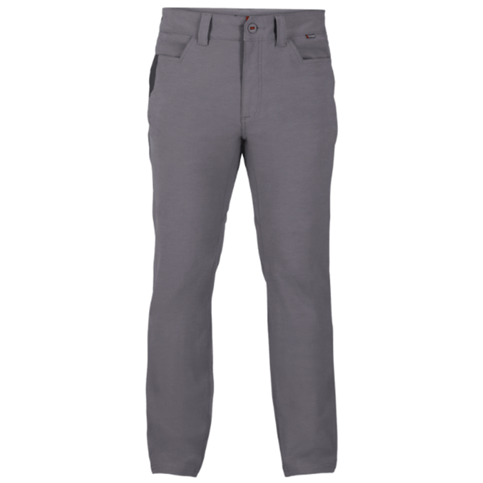 Simms Challenger Pants - Men's in gray color, durable fabric with belt loops, front button closure, slant and coin pockets, designed for comfort and outdoor fishing activities.
