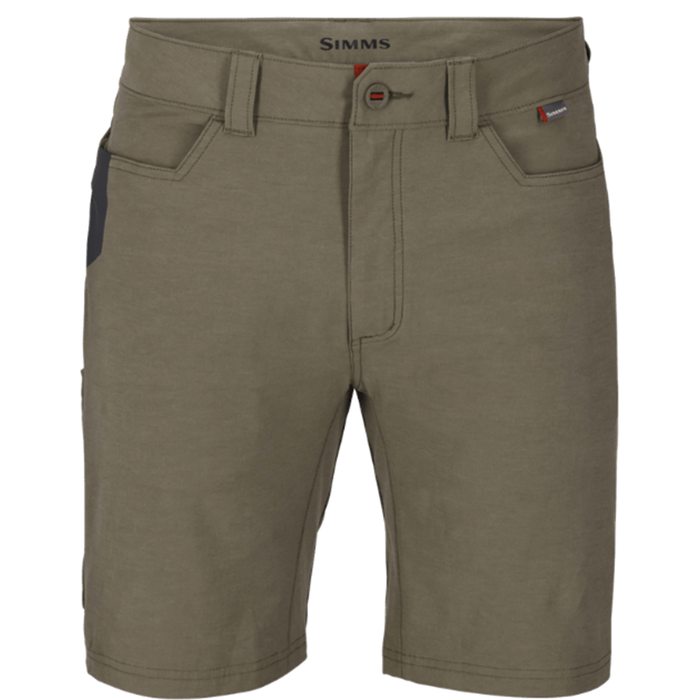 Simms Challenger Short - Men's in olive green featuring belt loops, front pockets, button closure, and durable fabric designed for fishing and outdoor activities.