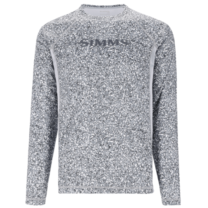 Simms Challenger Solar Crewneck - Men's in a gray and white speckled pattern with long sleeves and a crew neck, designed for fishing and outdoor activities.