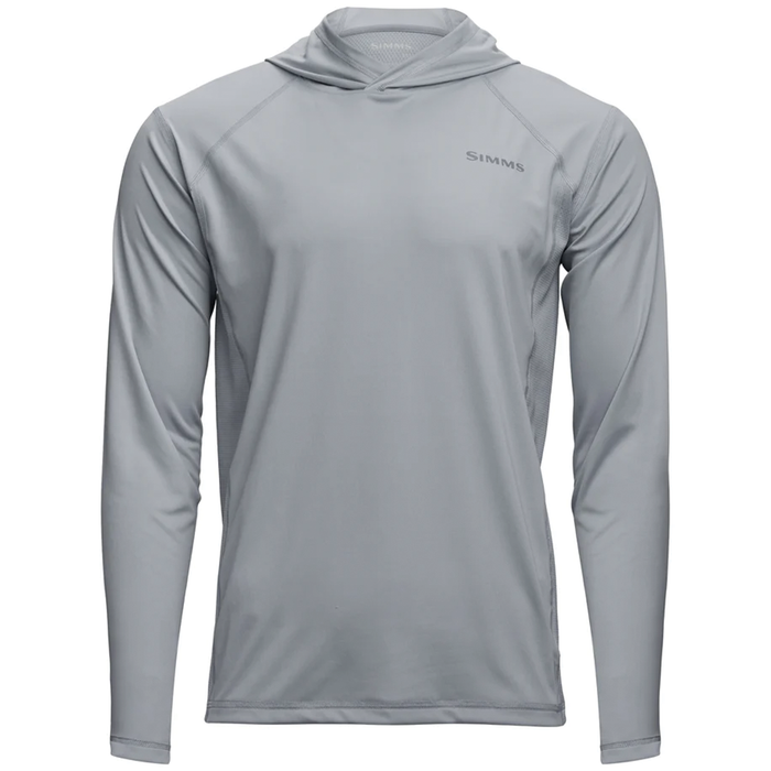 Simms Challenger Solar Hoody - Men's, light gray long-sleeve fishing hoodie with breathable, moisture-wicking fabric designed for sun protection during fishing and outdoor activities.