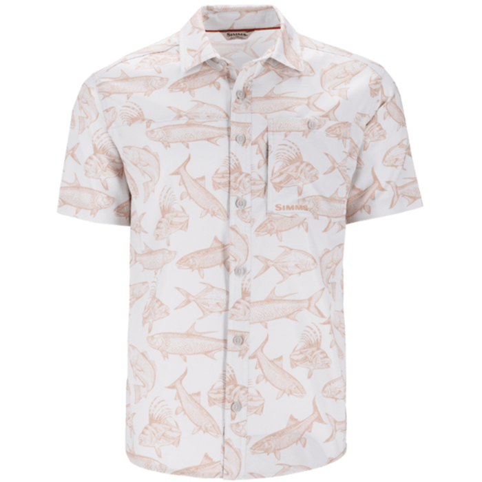 Simms Challenger SS Shirt - Men's, a short-sleeve button-up fishing shirt with a light background and subtle tan fish pattern, designed for comfort and style during fishing trips.