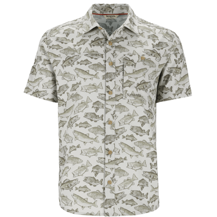Simms Challenger SS Shirt - Men's short sleeve fishing shirt with all-over fish pattern, button front, collared neck, and chest pocket, designed for outdoor fishing activities.