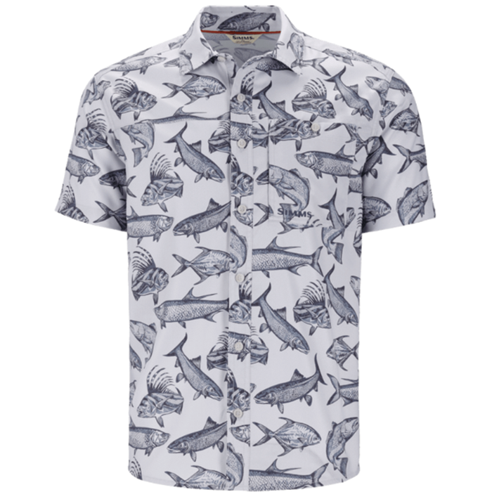Simms Challenger SS Shirt - Men's, short-sleeve button-up shirt in white with detailed black and gray fish illustrations, designed for fishing enthusiasts.