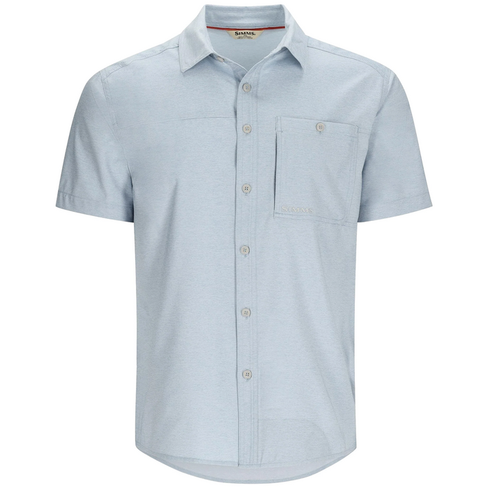 Simms Challenger SS Shirt - Men's, light blue short-sleeve button-up fishing shirt with a chest pocket, designed for comfort and durability during fishing activities.