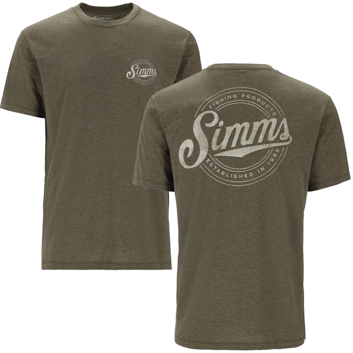 Simms Circle Lockup T-Shirt - Men's in olive green featuring a small logo on the front chest and a larger vintage-style logo on the back, designed for fishing enthusiasts.