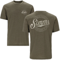 Simms Circle Lockup T-Shirt - Men's in olive green featuring a small logo on the front chest and a larger vintage-style logo on the back, designed for fishing enthusiasts.