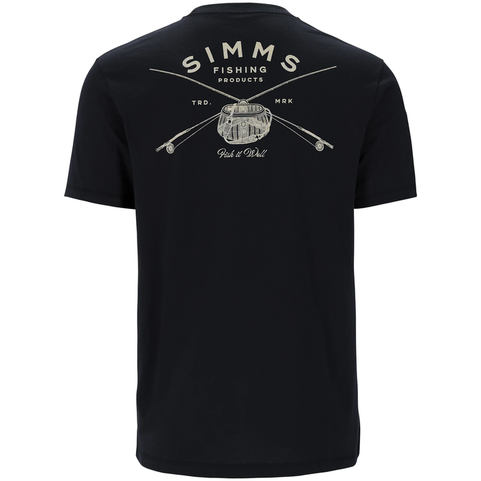 Black Simms Classic Tackle T-Shirt - Men's featuring an off-white graphic of crossed fishing rods and a fishing reel with the text "Simms Fishing Products" on the back, designed for fishing enthusiasts.