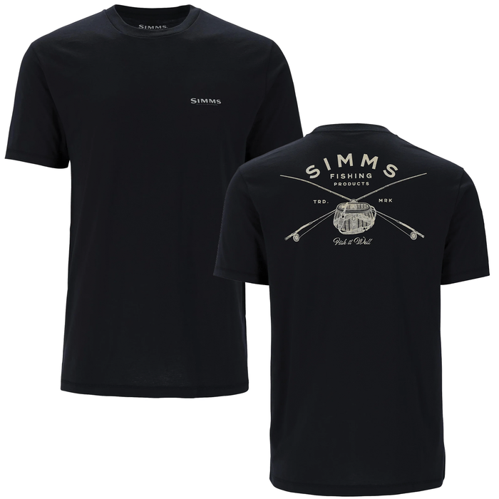 Simms Classic Tackle T-Shirt - Men's in black featuring a simple front logo and a back graphic with crossed fishing rods and reel, designed for fishing enthusiasts.