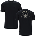Simms Classic Tackle T-Shirt - Men's in black featuring a simple front logo and a back graphic with crossed fishing rods and reel, designed for fishing enthusiasts.