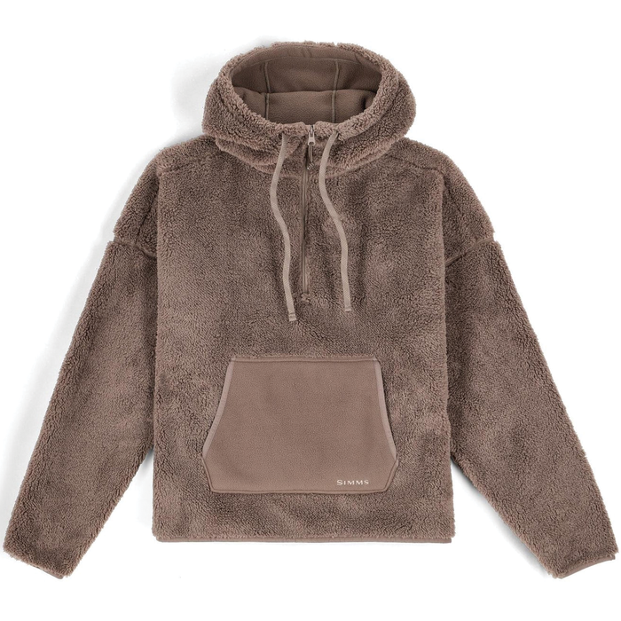 Simms Coldweather Fleece - Women's in brown featuring a plush, textured exterior with a half-zip hoodie, adjustable drawstrings, and a front kangaroo pocket for warmth and comfort.