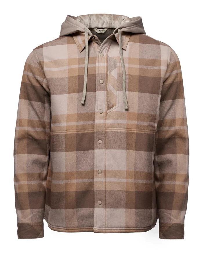 Simms Coldweather Hooded Shacket - Men's in brown plaid with a button front hood drawstrings chest pocket and long sleeves for outdoor fishing comfort