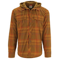 Simms Coldweather Hoody - Men's features a brown and orange plaid pattern with long sleeves, button front, two chest pockets with flaps, and an attached adjustable hood for fishing tackle enthusiasts.