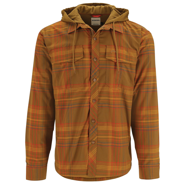 Simms Coldweather Hoody - Men's features a brown and orange plaid pattern with long sleeves, button front, two chest pockets with flaps, and an attached adjustable hood for fishing tackle enthusiasts.