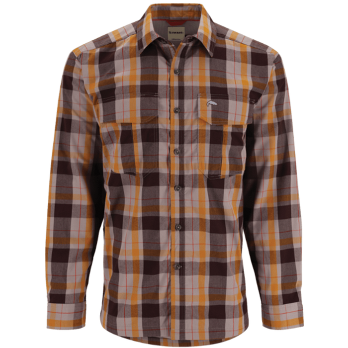 Simms Coldweather LS Shirt - Men's in a long-sleeve plaid pattern featuring shades of brown, orange, and beige, designed for outdoor fishing comfort and cold weather protection.