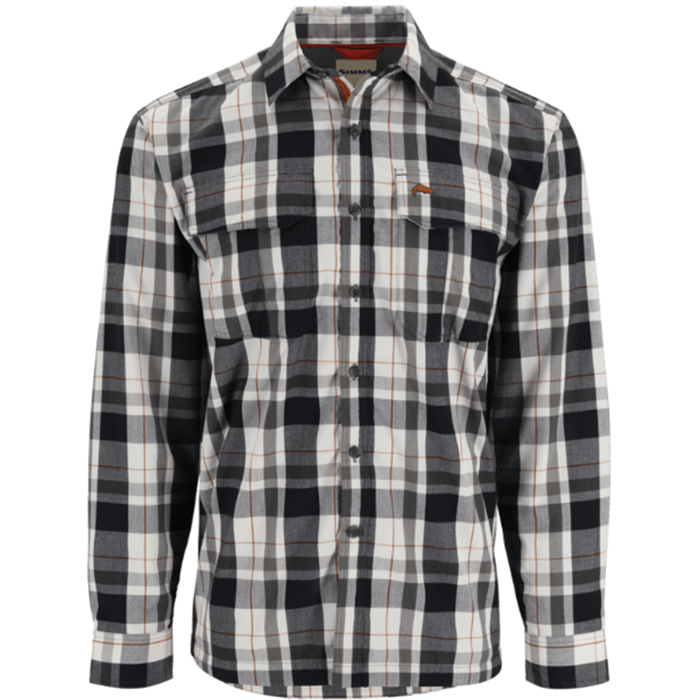 Simms Coldweather LS Shirt - Men's, long-sleeve button-up with black, white, and gray plaid pattern, featuring chest pockets and a classic collar designed for cold weather fishing activities.