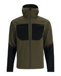 Simms Confluence Hoody - Men's in olive green with black chest pockets and sleeve accents, featuring a full front zip and attached hood designed for fishing and outdoor activities.
