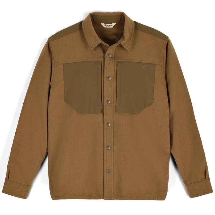 Simms Confluence Overshirt - Men's in brown with long sleeves, snap button closure, two large front chest pockets, and a classic collar, designed for fishing tackle enthusiasts.