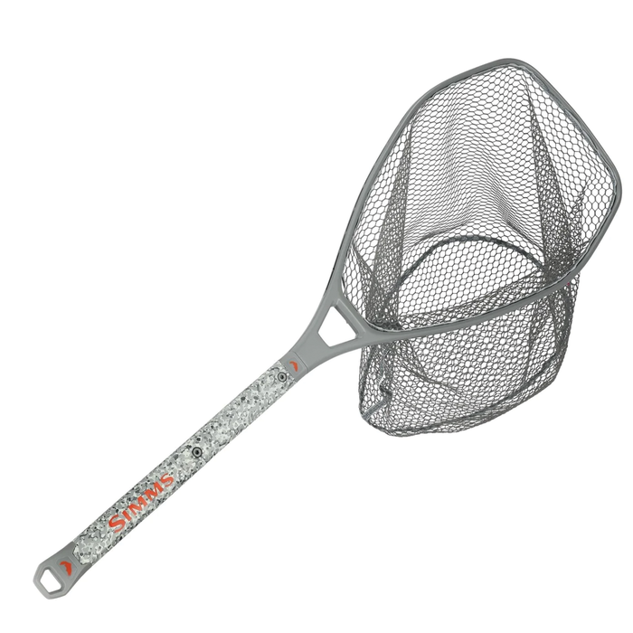 Simms Daymaker Boat Net with a sturdy gray handle and deep black mesh net, designed for efficient catch retrieval and durability in fishing tackle.