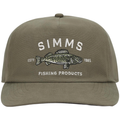 Simms Double Haul Cap in olive green with embroidered fish design and white lettering, featuring a curved brim ideal for outdoor fishing activities.