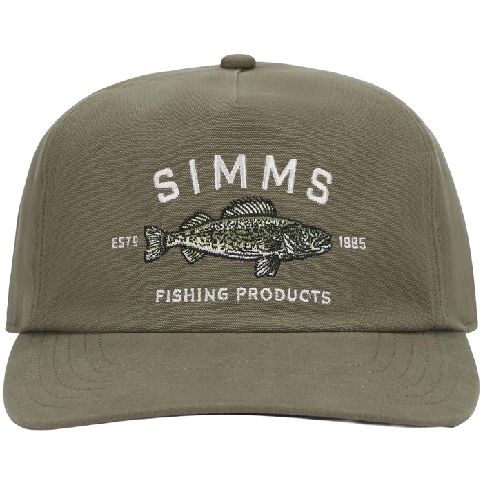 Simms Double Haul Cap in olive green with embroidered fish design and white lettering, featuring a curved brim ideal for outdoor fishing activities.