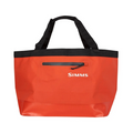 Simms Dry Creek Simple Tote 50L in bright orange with black handles and a front zippered pocket, designed for durable, spacious storage of fishing tackle and gear.