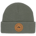 Simms Everyday Waffle Knit Beanie in olive green with a textured knit pattern and a round leather patch featuring Simms Fishing Products logo on the cuff.