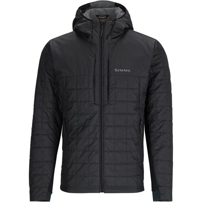 Simms Fall Run Hybrid Hoody - Men's in black with a quilted pattern, full front zipper, attached hood, and zippered hand pockets designed for fishing and outdoor activities.