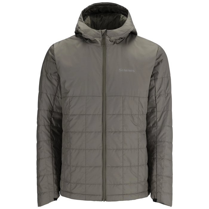 Simms Fall Run Insulated Hoody - Men's in olive green, lightweight quilted design with full front zipper and attached hood for warmth and comfort during fishing and outdoor activities.