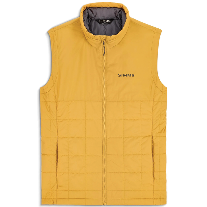 Simms Fall Run Insulated Vest - Men's in mustard yellow with a quilted pattern, front zipper closure, high collar, and two side pockets, designed for outdoor and fishing activities.