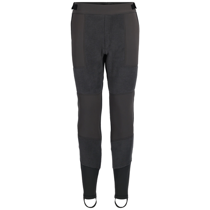 Simms Fjord Pants - Men's in dark gray with reinforced patches on knees and thighs, adjustable waist tabs, and stirrups at the ankles designed for comfort and durability in fishing tackle activities.