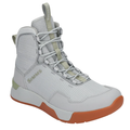 Gray high-top sneaker with orange sole on a white background