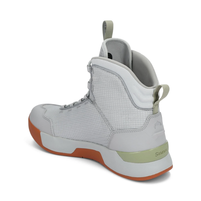 Simms Flats Sneaker - Men's in light gray with high ankle support, padded collar, and orange durable outsole designed for comfort and stability during fishing activities.