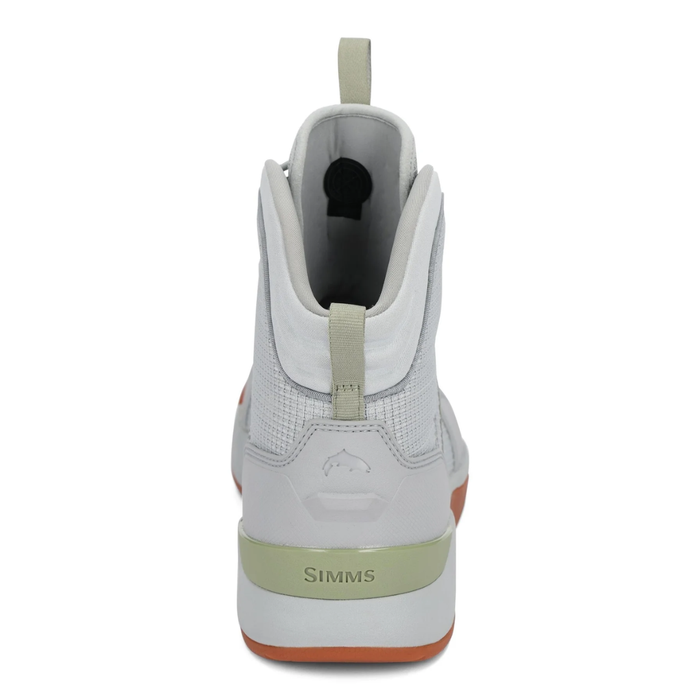 Simms Flats Sneaker - Men's shown from the back, featuring a high-top design with light gray mesh and fabric upper, pull tab on the heel, and gum rubber outsole for slip resistance.