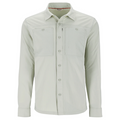 Simms Flyover Shirt - Men's in light gray with long sleeves, button-down front, collar, two chest pockets with button and zipper closures, designed for fishing and outdoor activities.