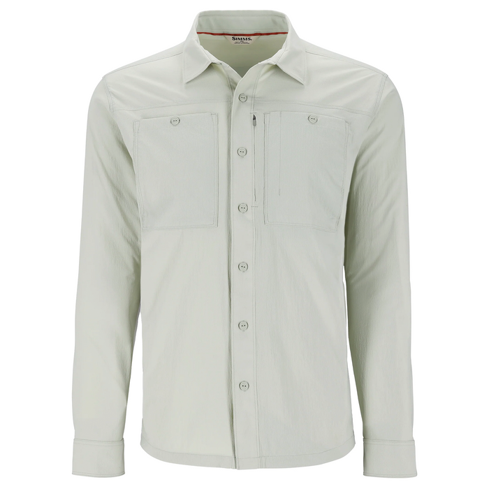 Simms Flyover Shirt - Men's in light gray with long sleeves, button-down front, collar, two chest pockets with button and zipper closures, designed for fishing and outdoor activities.
