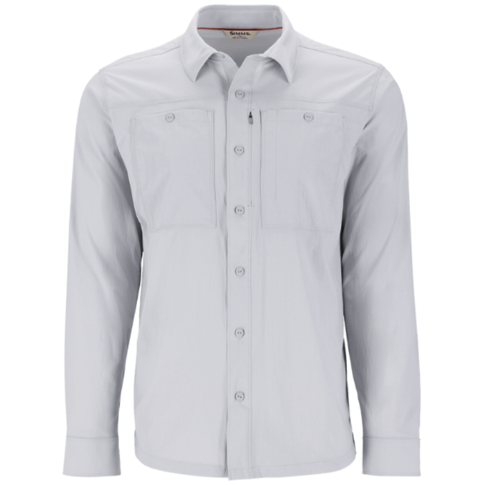 Simms Flyover Shirt - Men's, light gray long-sleeve fishing shirt with button-down front, two chest pockets including one with a zipper, made for outdoor fishing activities.