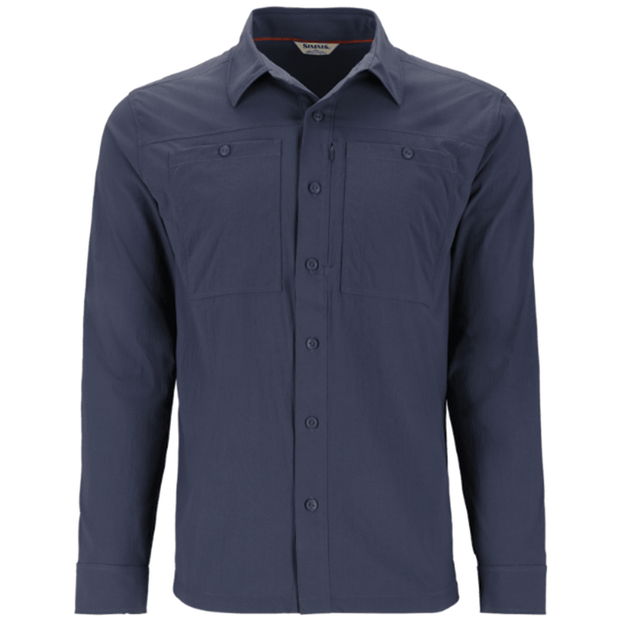 Simms Flyover Shirt - Men's in dark navy blue, long-sleeve button-up with two front chest pockets, designed for outdoor fishing and fishing tackle activities.