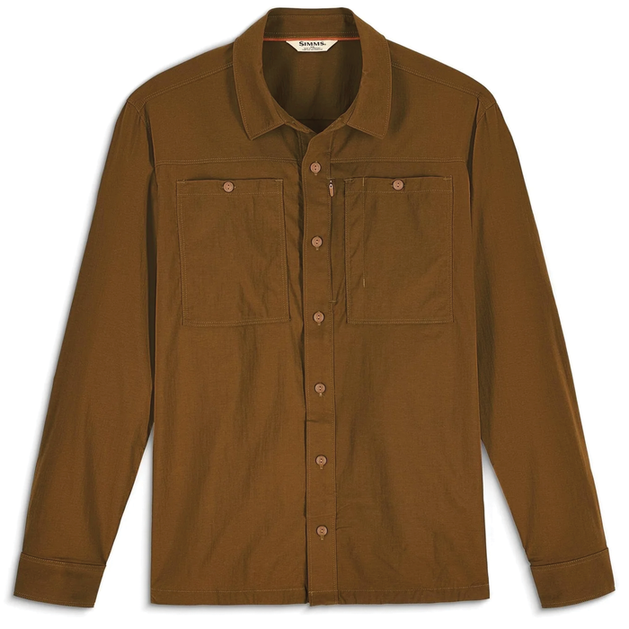 Simms Flyover Shirt - Men's in brown, featuring long sleeves, button front closure, two chest pockets with button details, and a lightweight fabric designed for fishing tackle and outdoor use.