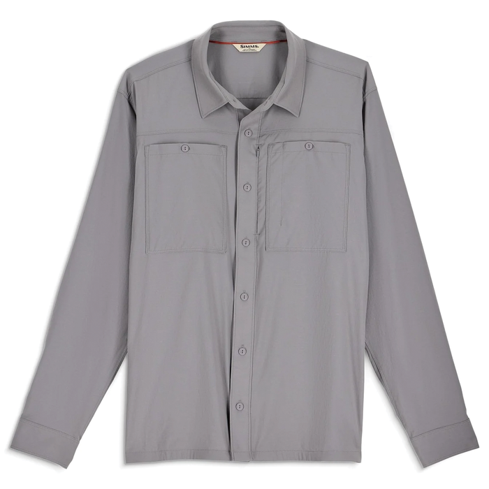 Simms Flyover Shirt - Men's in light gray with long sleeves, button-front closure, collar, and two chest pockets designed for comfort and durability during fishing activities.