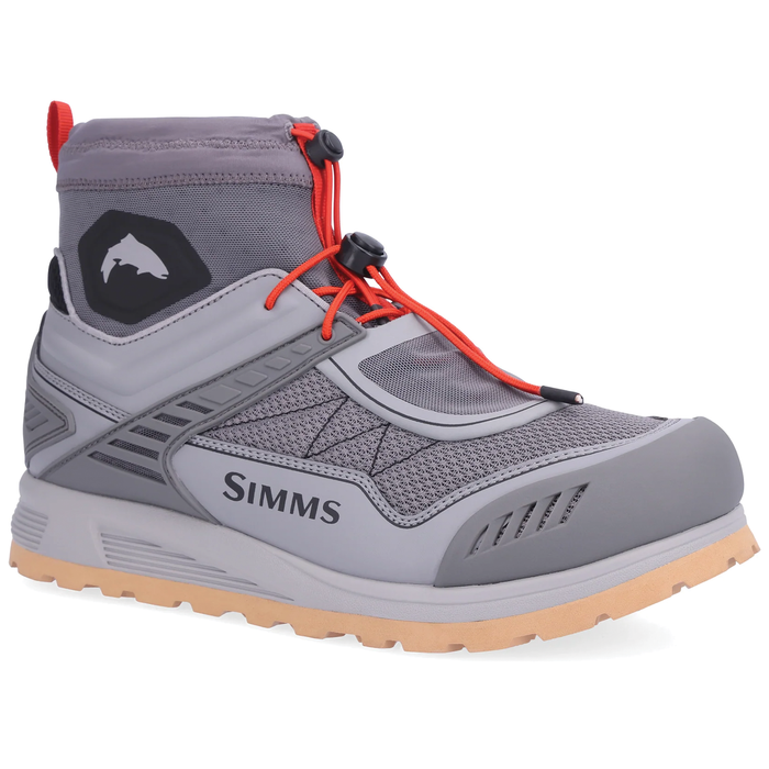 Simms Flyweight Access Wet Wading Shoe in gray with orange laces, featuring mesh panels, a high ankle collar with adjustable toggle, durable sole, and water-resistant construction.