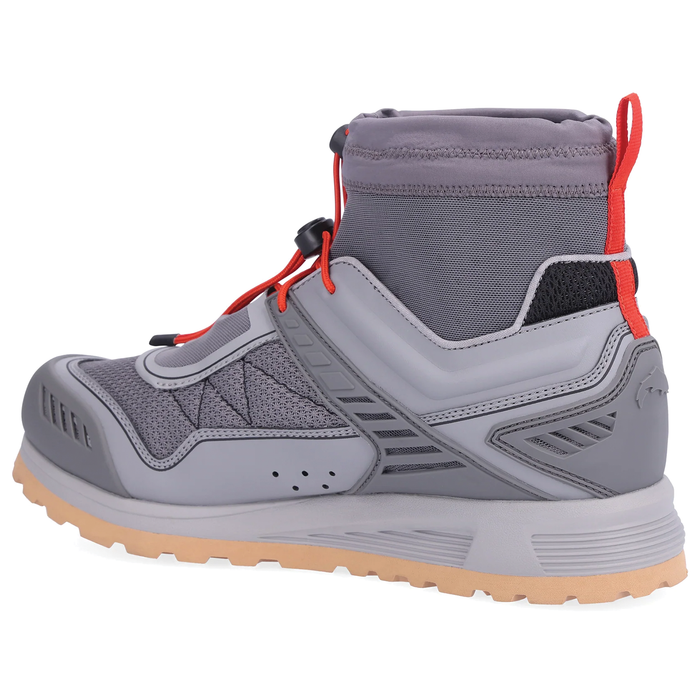 Simms Flyweight Access Wet Wading Shoe in gray with orange accents, featuring a high ankle design, durable sole, and quick-adjust lacing system for fishing and wet wading activities.