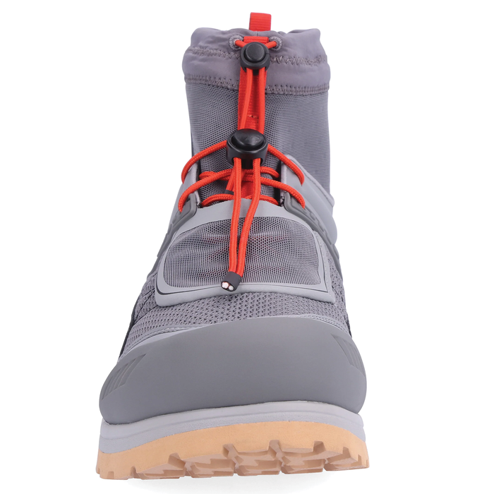 Front view of a gray Simms Flyweight Access Wet Wading Shoe featuring breathable mesh panels, a secure front lacing system with red cords, and a tan textured sole designed for fishing tackle and wading activities.