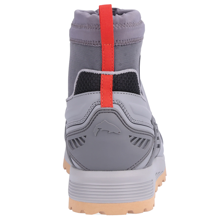 Simms Flyweight Access Wet Wading Shoe in gray with orange pull tab, featuring a structured heel and textured sole designed for wet fishing environments.