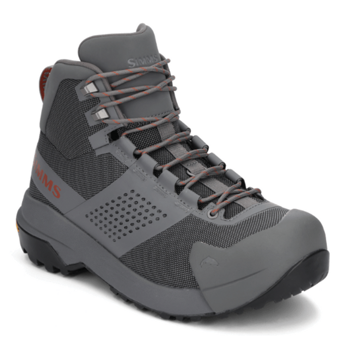 Simms Flyweight Wading Boot - Vibram Sole - Women's gray high-top fishing boot with reinforced toe, padded ankle support, breathable mesh, and durable Vibram sole for traction in wet conditions.