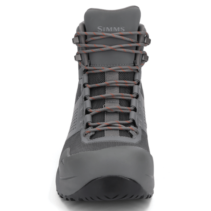 Simms Flyweight Wading Boot - Vibram Sole - Women's, front view of a lightweight, high-top gray fishing boot with durable laces and a textured Vibram sole designed for stability and comfort during fly fishing.