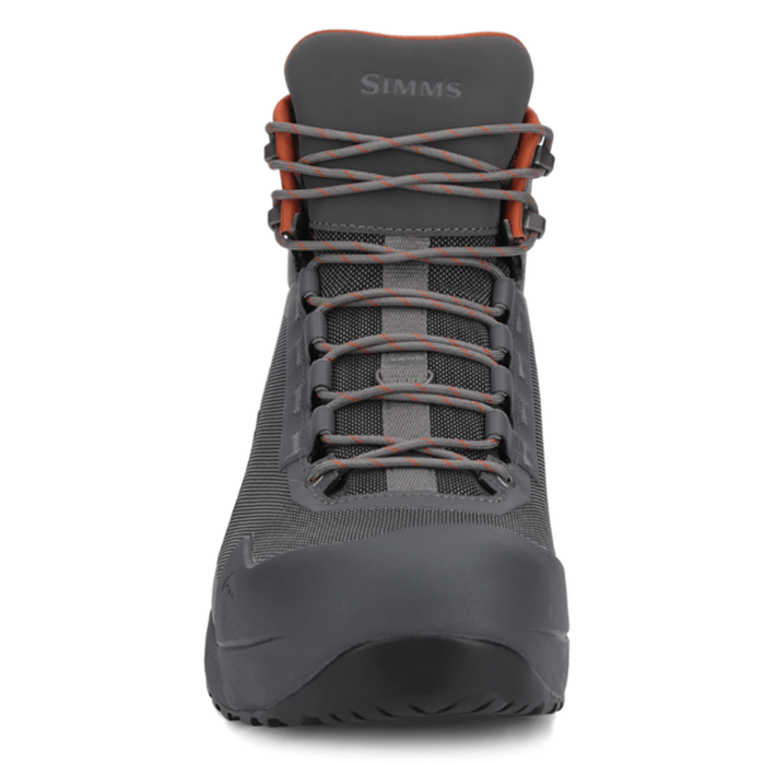 Front view of a gray and orange Simms Flyweight Wading Boot - Vibram Sole, featuring a durable mesh upper, secure lacing system, and rugged Vibram outsole designed for fishing and outdoor activities.